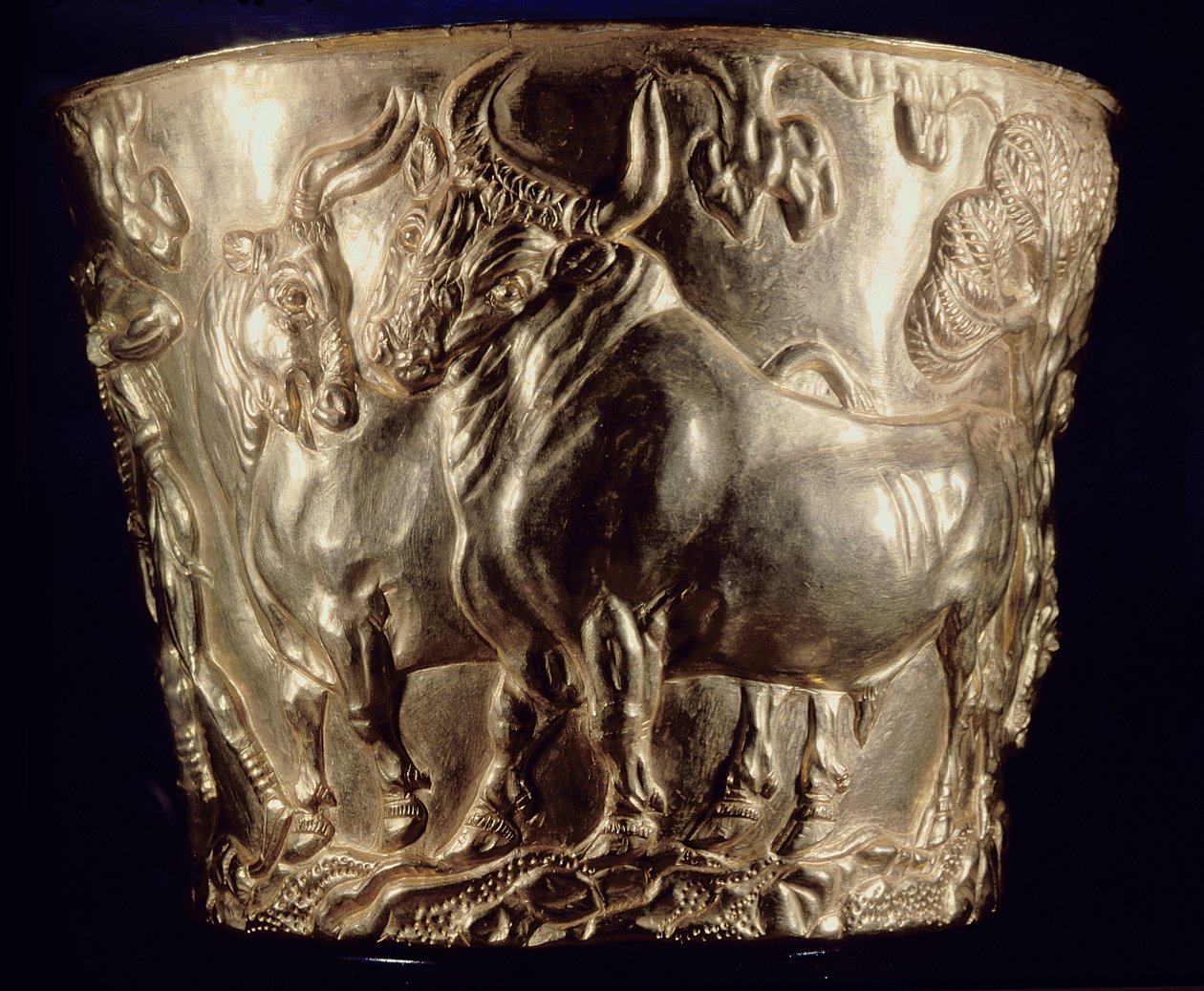 Beker, met afbeelding van een huiselijke stier, gevonden in het koninklijke graf van Vaphio, Sparta, laat-Minoïsch I, c.1500 v.Chr. door Minoan