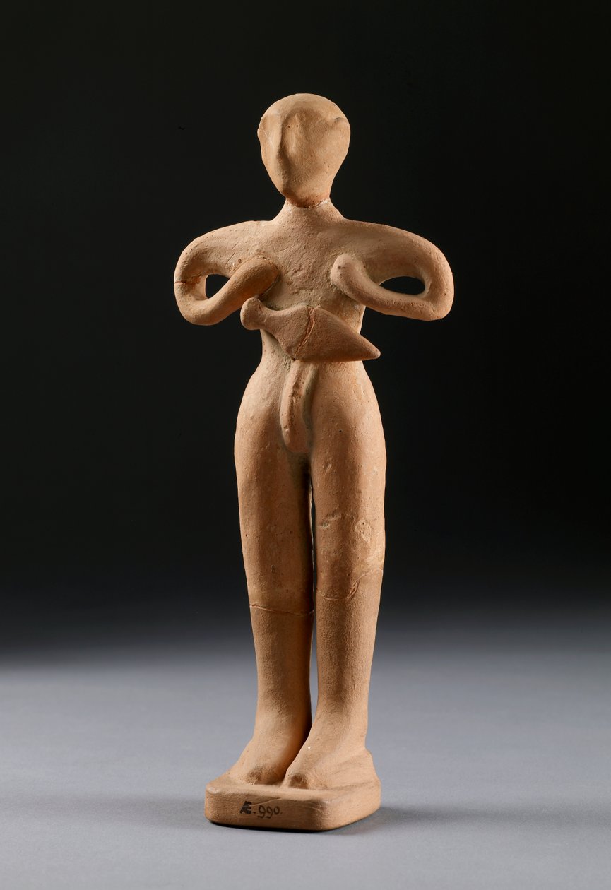 Dubbele bijlkop en twee beeldjes uit Knossos, laat Minoïsch, ca. 1500 v.Chr. door Minoan
