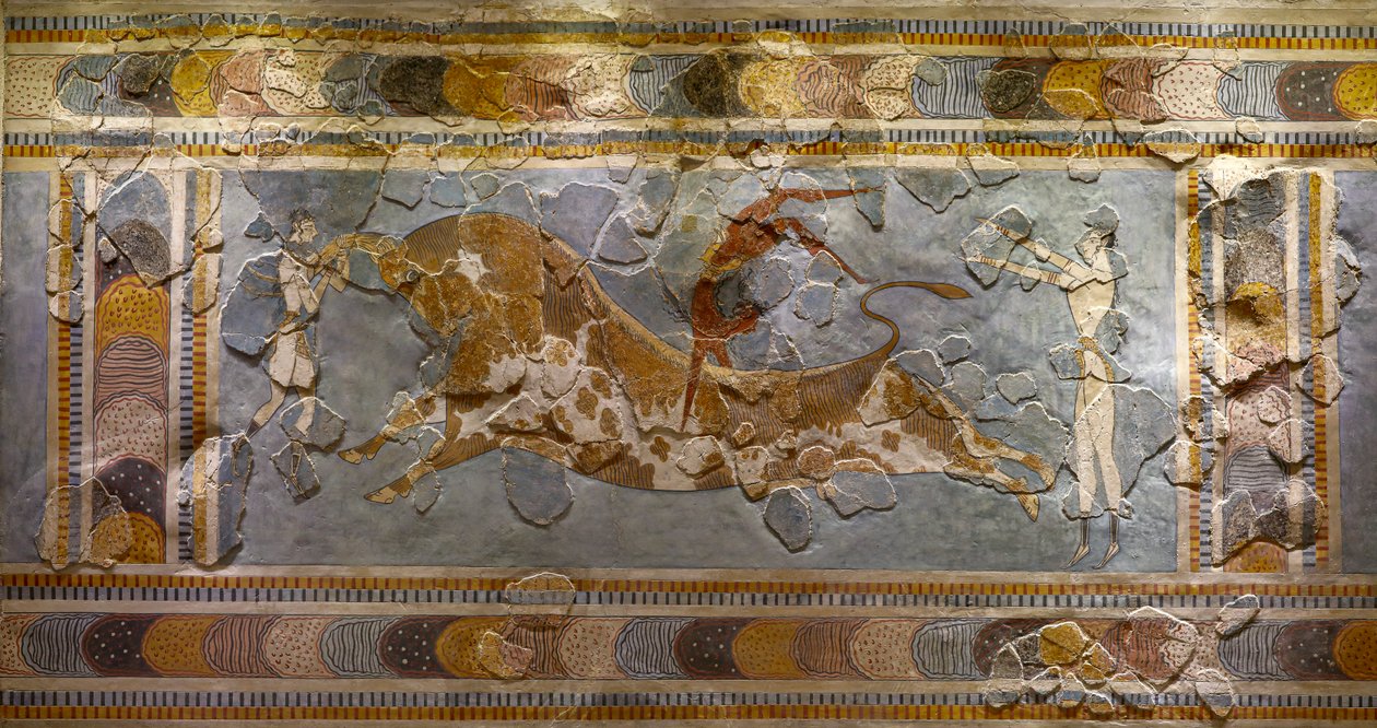 (detail) van de Stierspringen Fresco. Gevonden in Knossos door Minoan