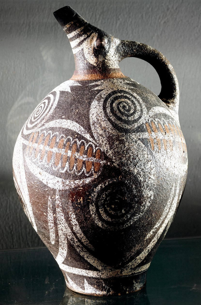 Minoïsche kunst: keramische kruik versierd met polychrome tekeningen door Minoan