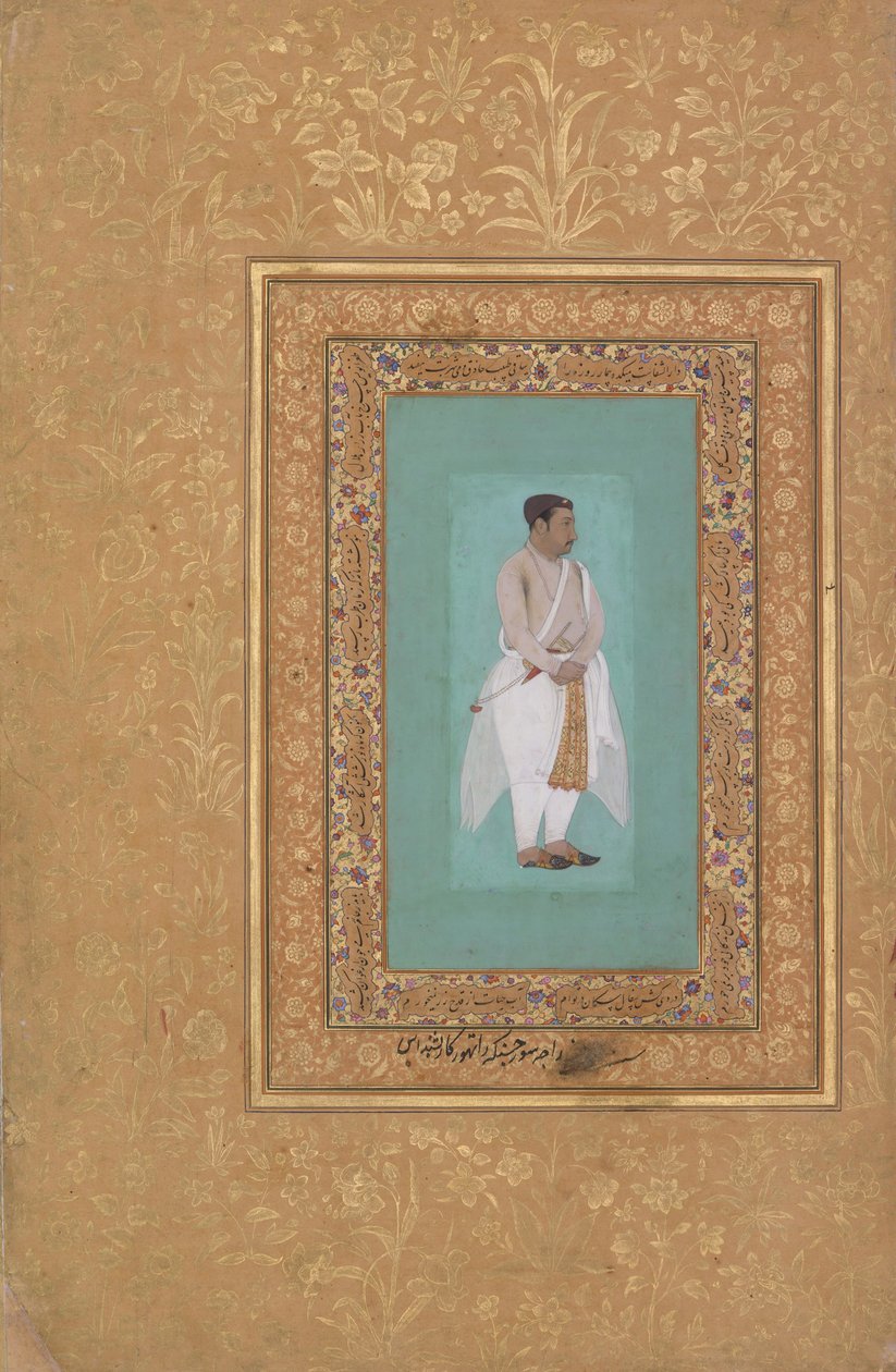 recto: Portret van Raja Suraj Singh Rathor, verso: Pagina van kalligrafie..., recto: eind 16e eeuw door Mir 
