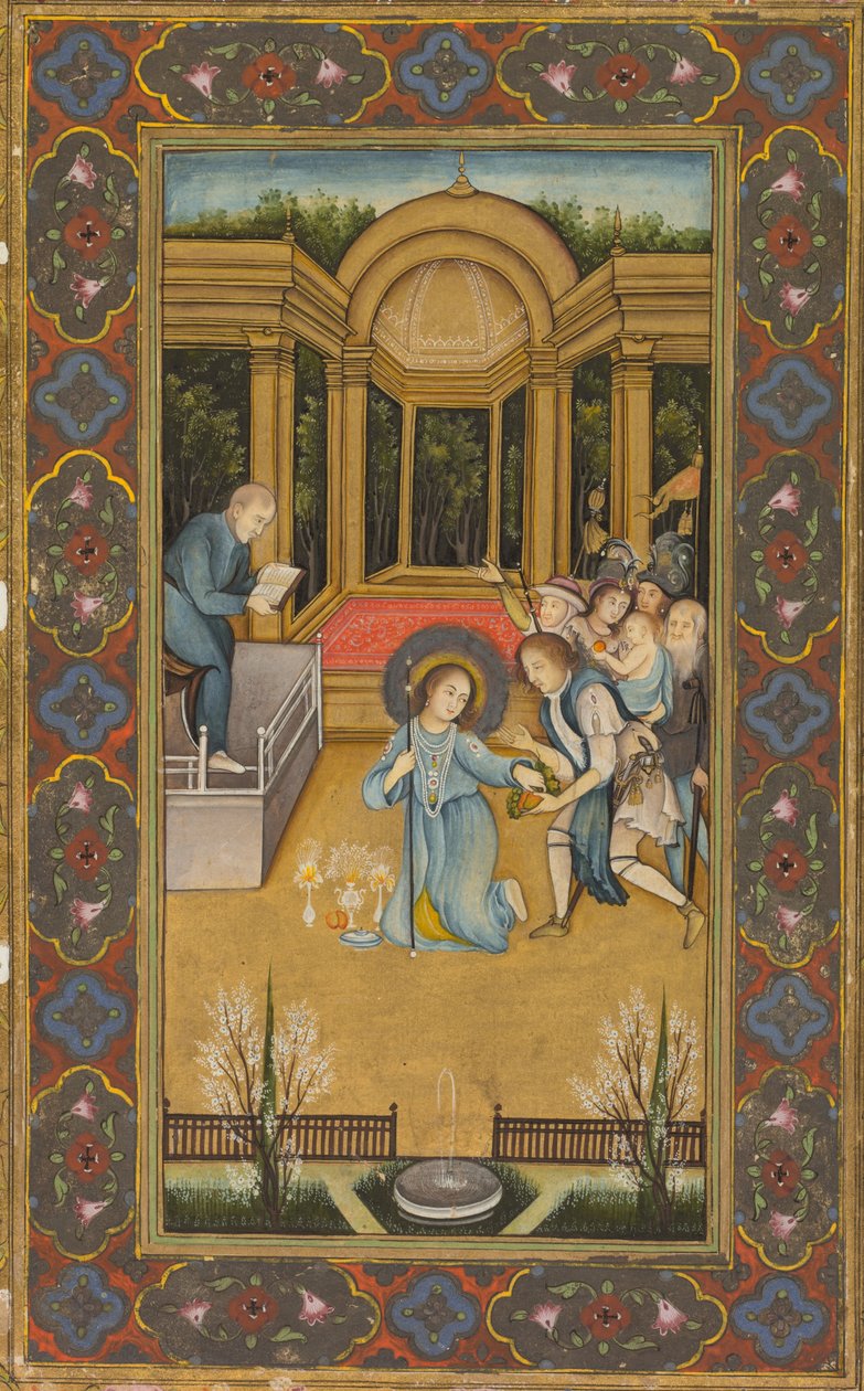 Jezus tussen de artsen in de Tempel, ca. 1760 (dekkende aquarel met goud op papier, bloemenranden in kleuren op goudgrond) door Mir Kalan Khan