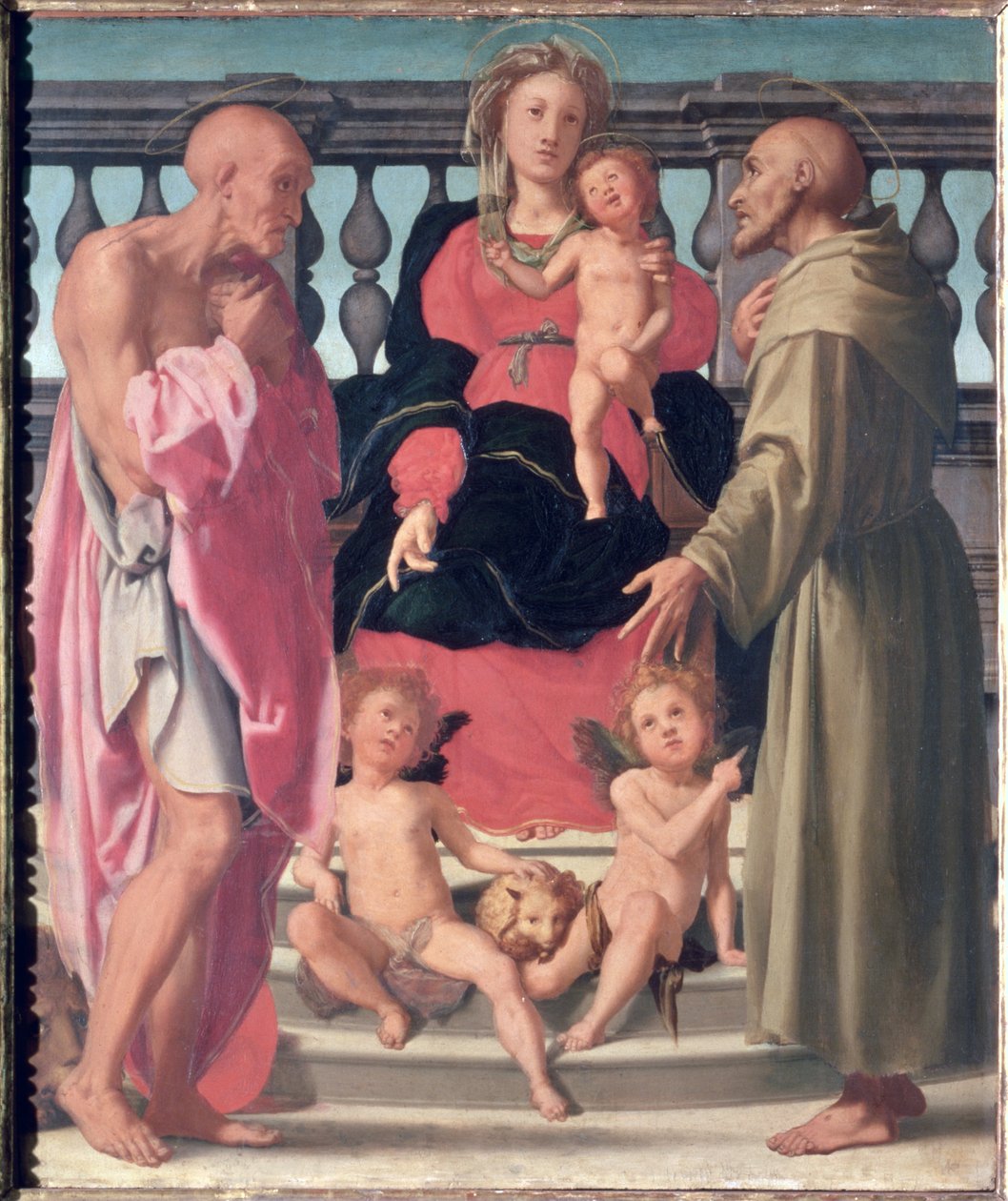 Madonna en Kind met SS. Jerome en Franciscus (paneel) door Mirabello Cavalori