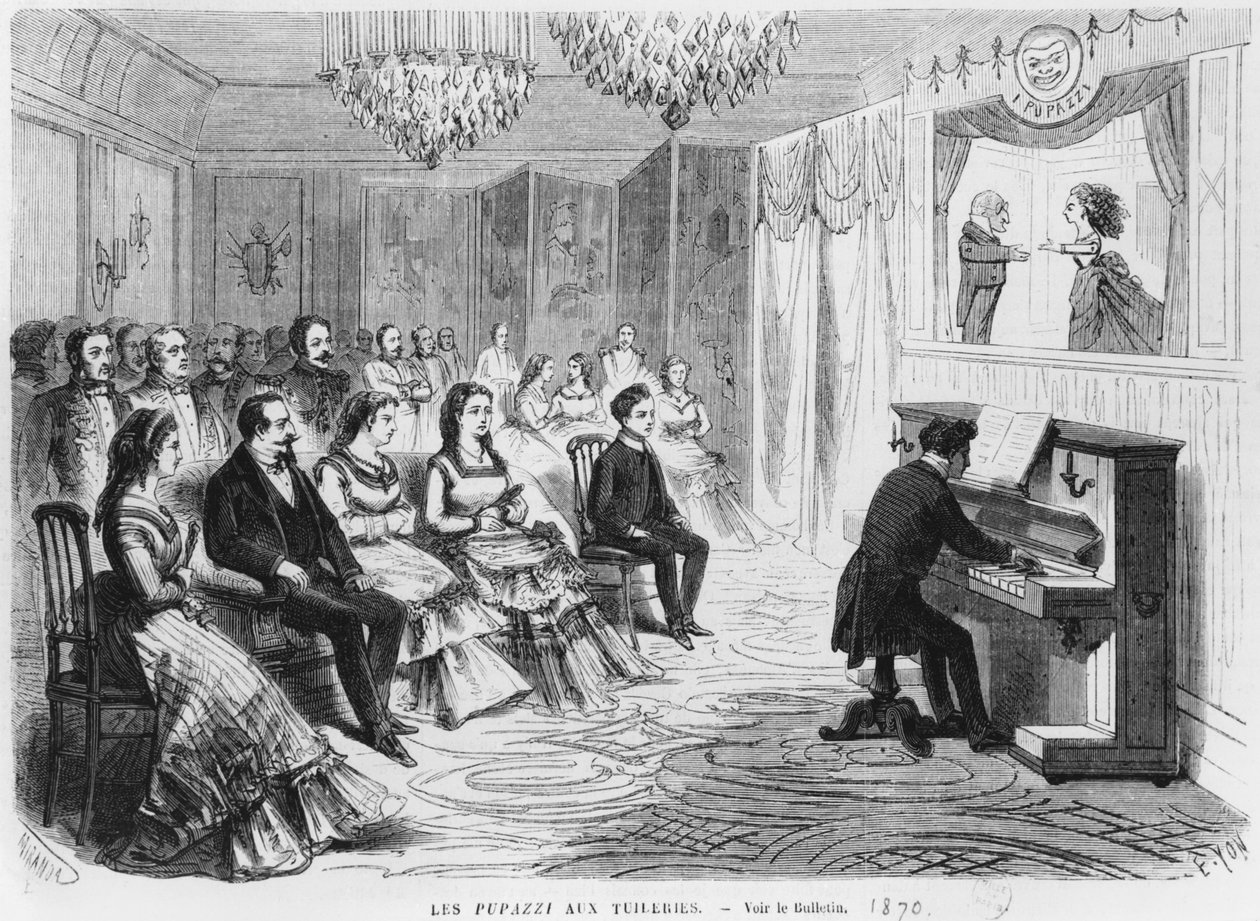 De Poppenkast I Pupazzi optredend voor Keizer Napoleon III (1808-73) Keizerin Eugenie (1826-1920) en Prins Eugene Louis Napoleon Bonaparte (1856-79) in de Tuilerieën, gegraveerd door Edmond Yo door Miranda