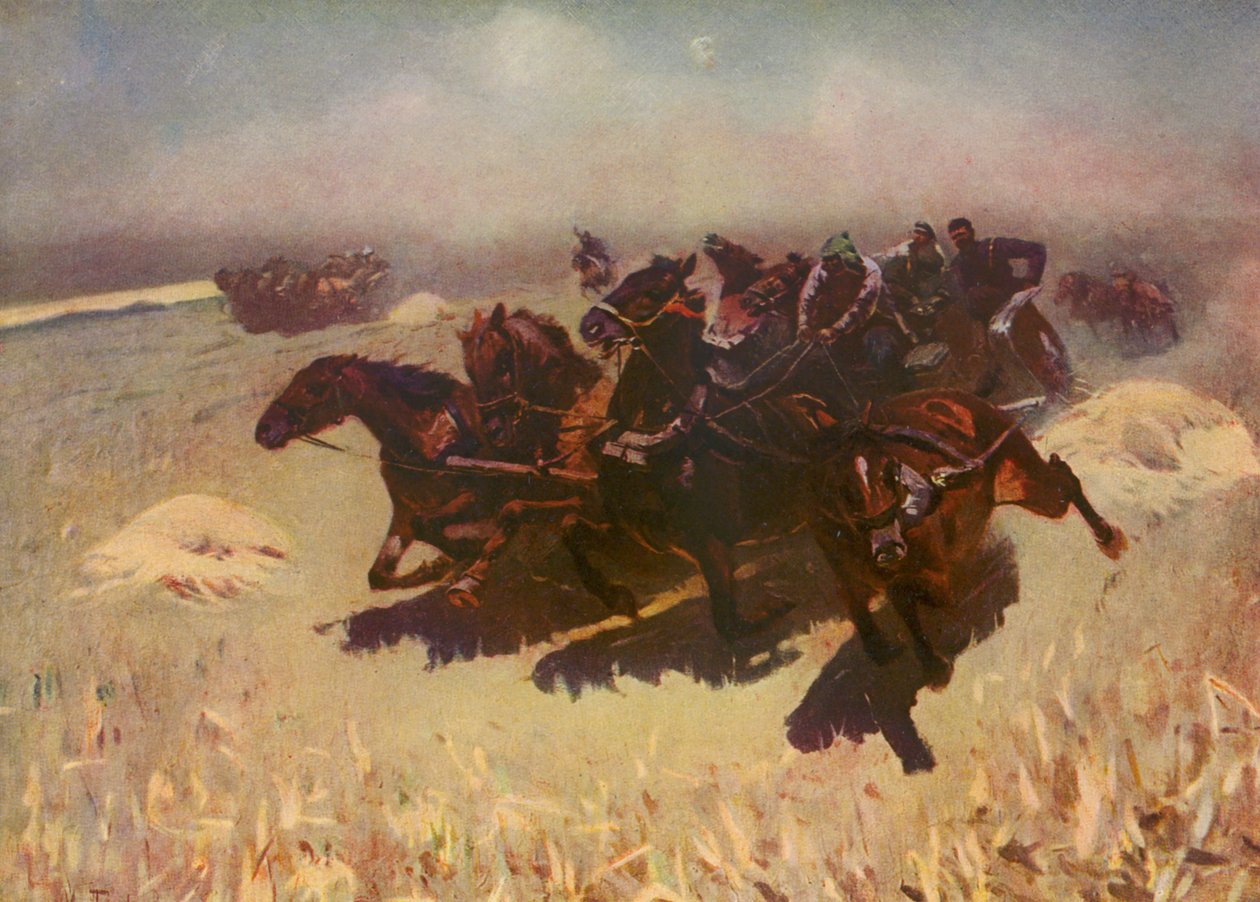 Tachanka (kleurenlitho) door Mitrofan Borisovic Grekov