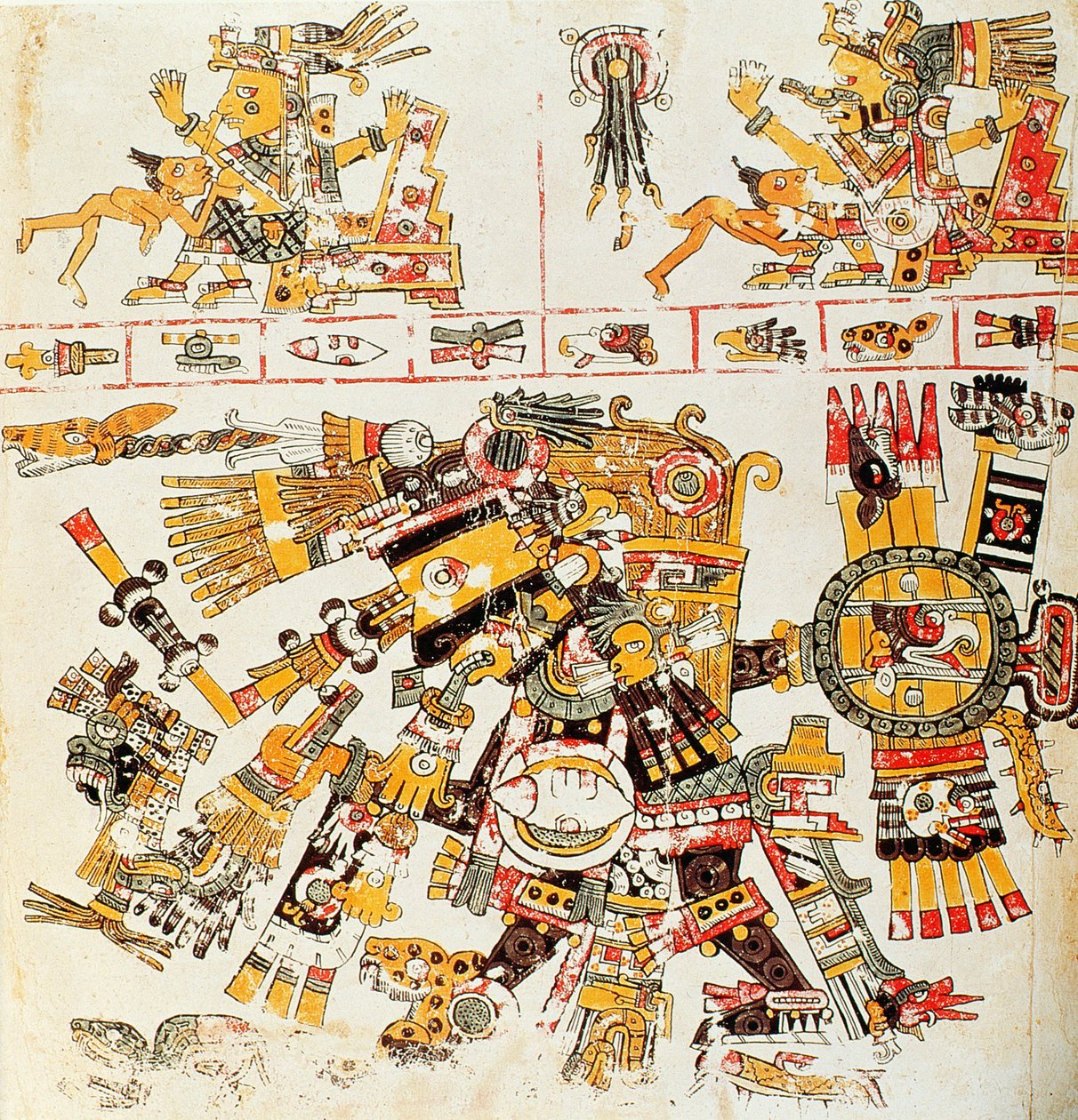 Facsimile kopie van een pagina van de Borgia codex met de afbeelding van de zwarte Tezcatlipoca door Mixtec