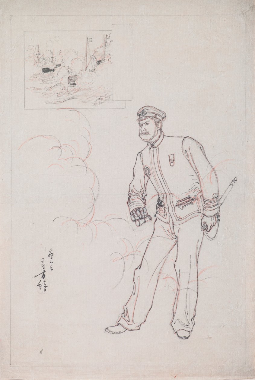 Voorbereidende tekening voor een houtsnede die een Japanse marineofficier tijdens de Chinees-Japanse oorlog afbeeldt door Mizuno Toshikata