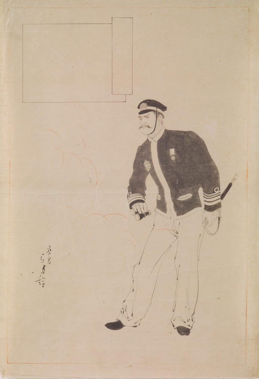 Voorbereidende tekening voor een houtsnede die een Japanse marineofficier tijdens de Sino-Japanse Oorlog afbeeldt door Mizuno Toshikata