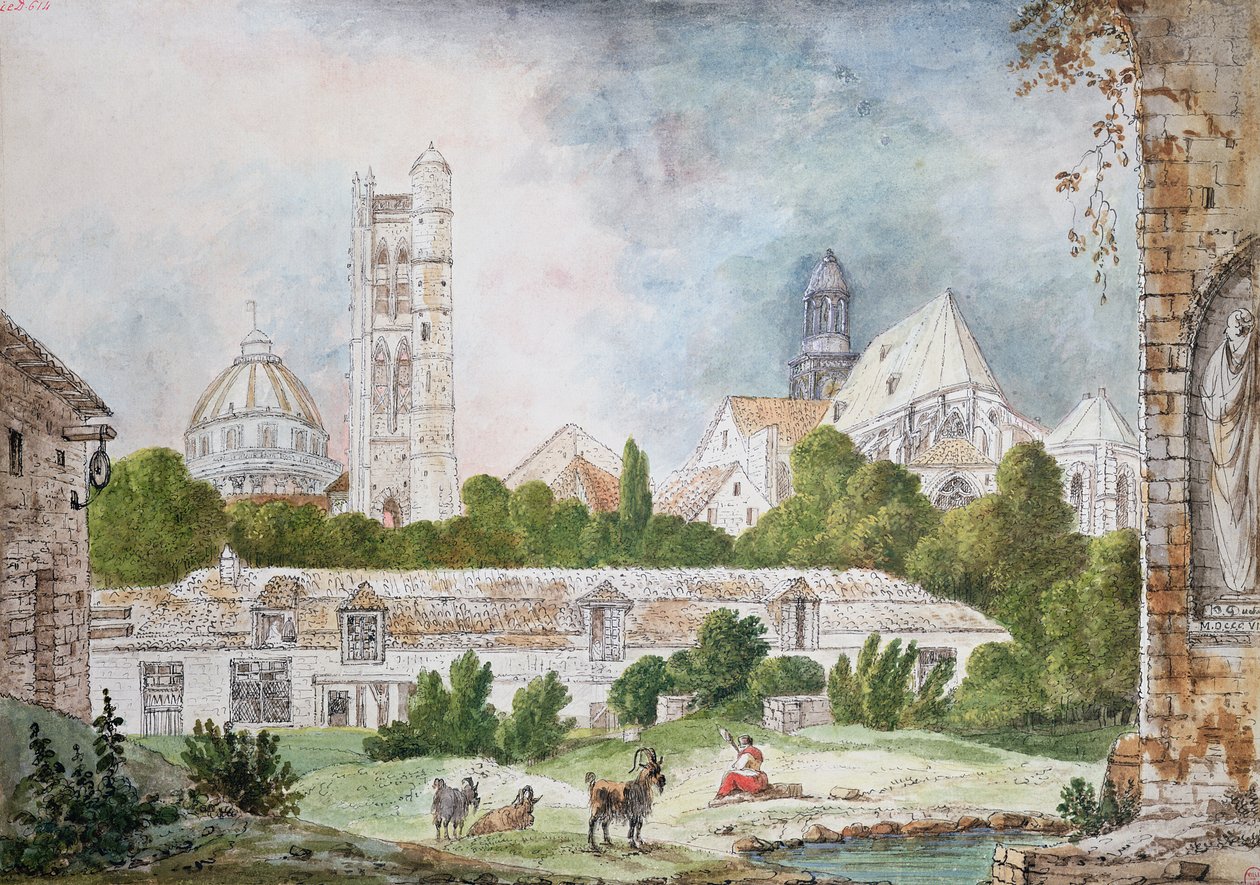 De Nieuwe Kerk van Sainte-Genevieve en Saint-Etienne-du-Mont gezien vanuit de ruïnes van de Abdij van Sainte-Genevieve in Parijs, 1807 door Mme. Duchateau