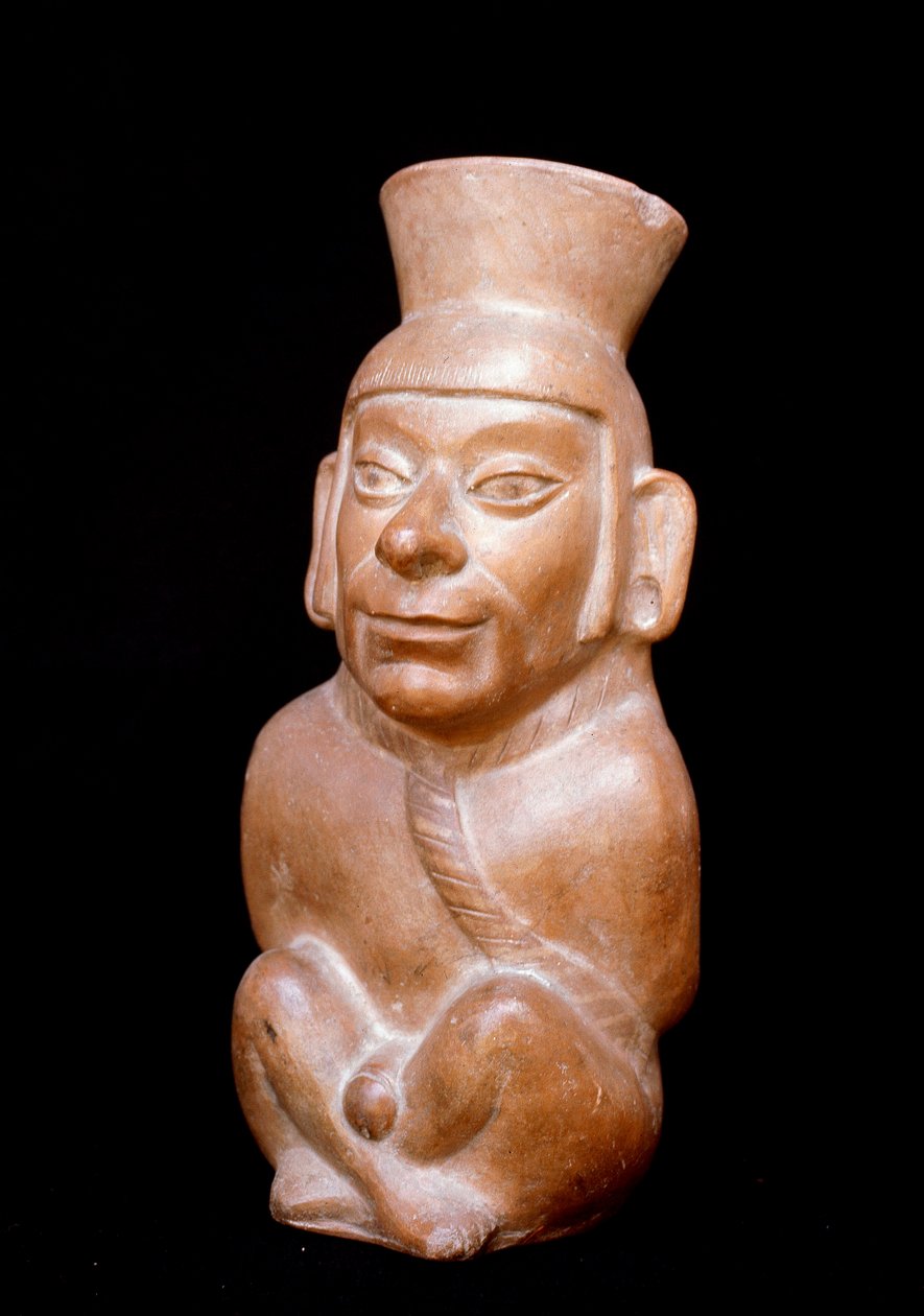 Precolumbiaanse kunst, Mochica-beschaving: antropomorfe terracotta fles die een gevangene voor zijn offer voorstelt (hij draagt een touw om zijn nek en zijn handen zijn op zijn rug gebonden). 200 v.Chr.-700 n.Chr. door Moche Moche
