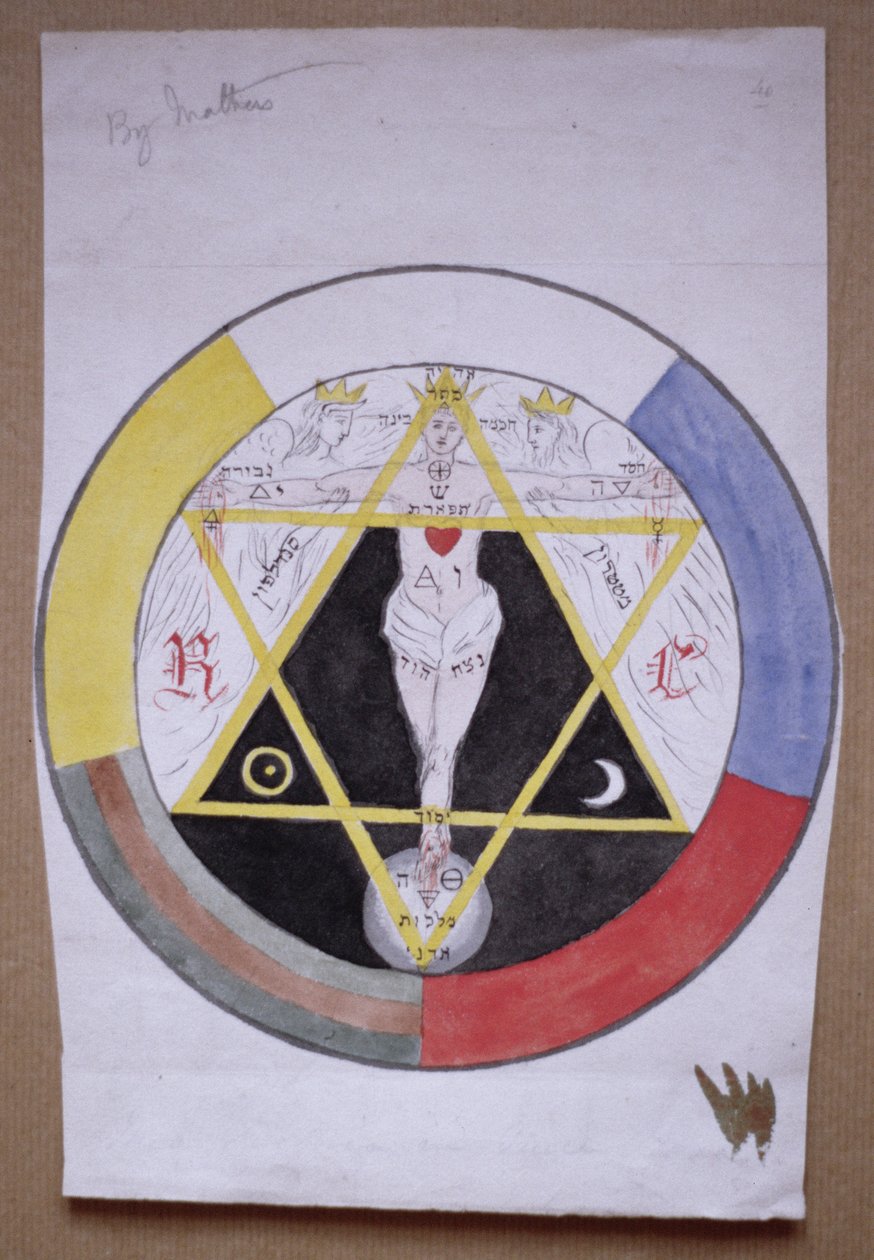 Origineel ontwerp voor het symbolische Grote Zegel op de perkamentrol van de Tweede Orde van de Gouden Dageraad, 1891 door Moina Mathers