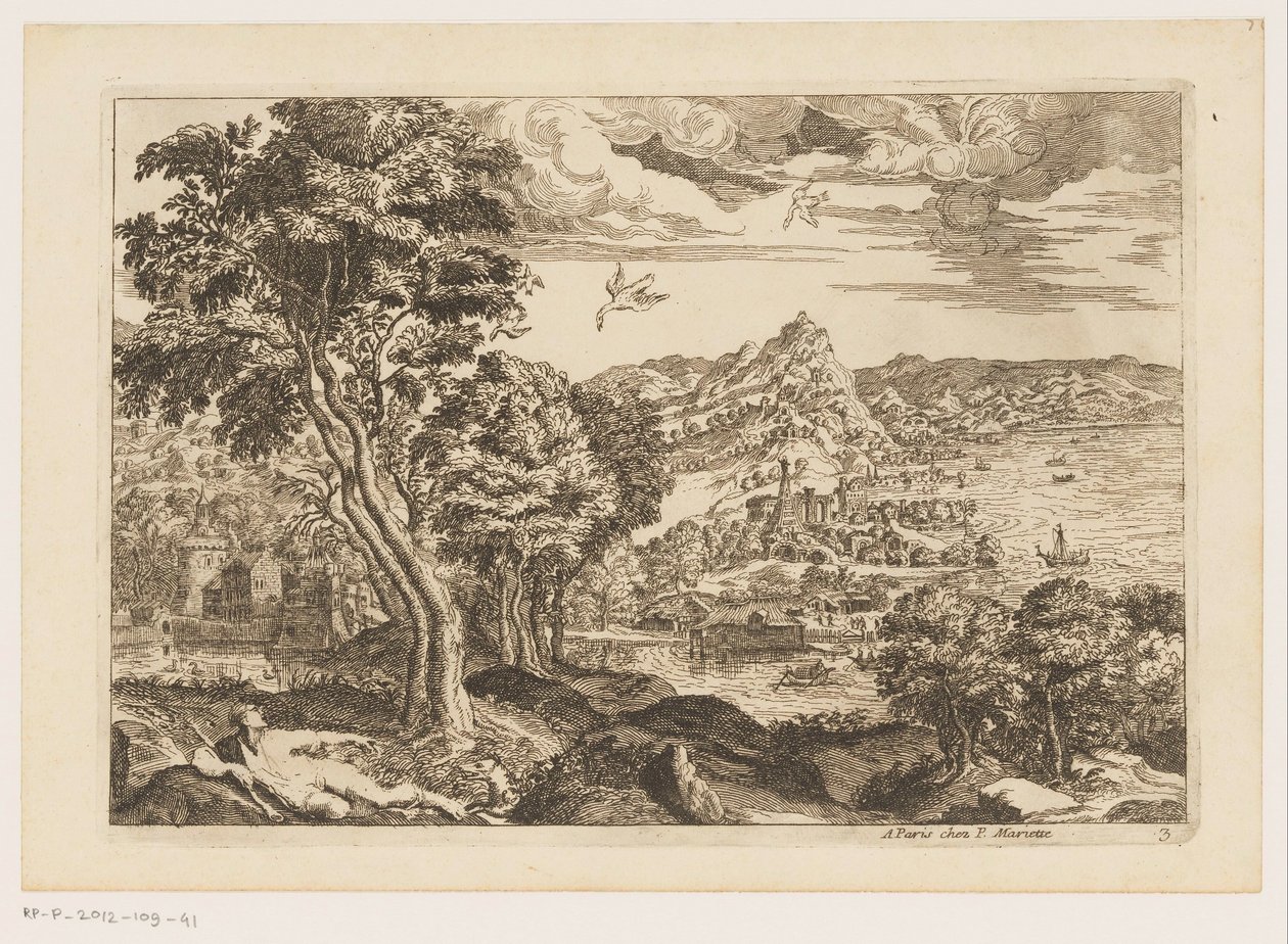 Kustlandschap met vliegende vogels door Moise Jean Baptiste Fouard