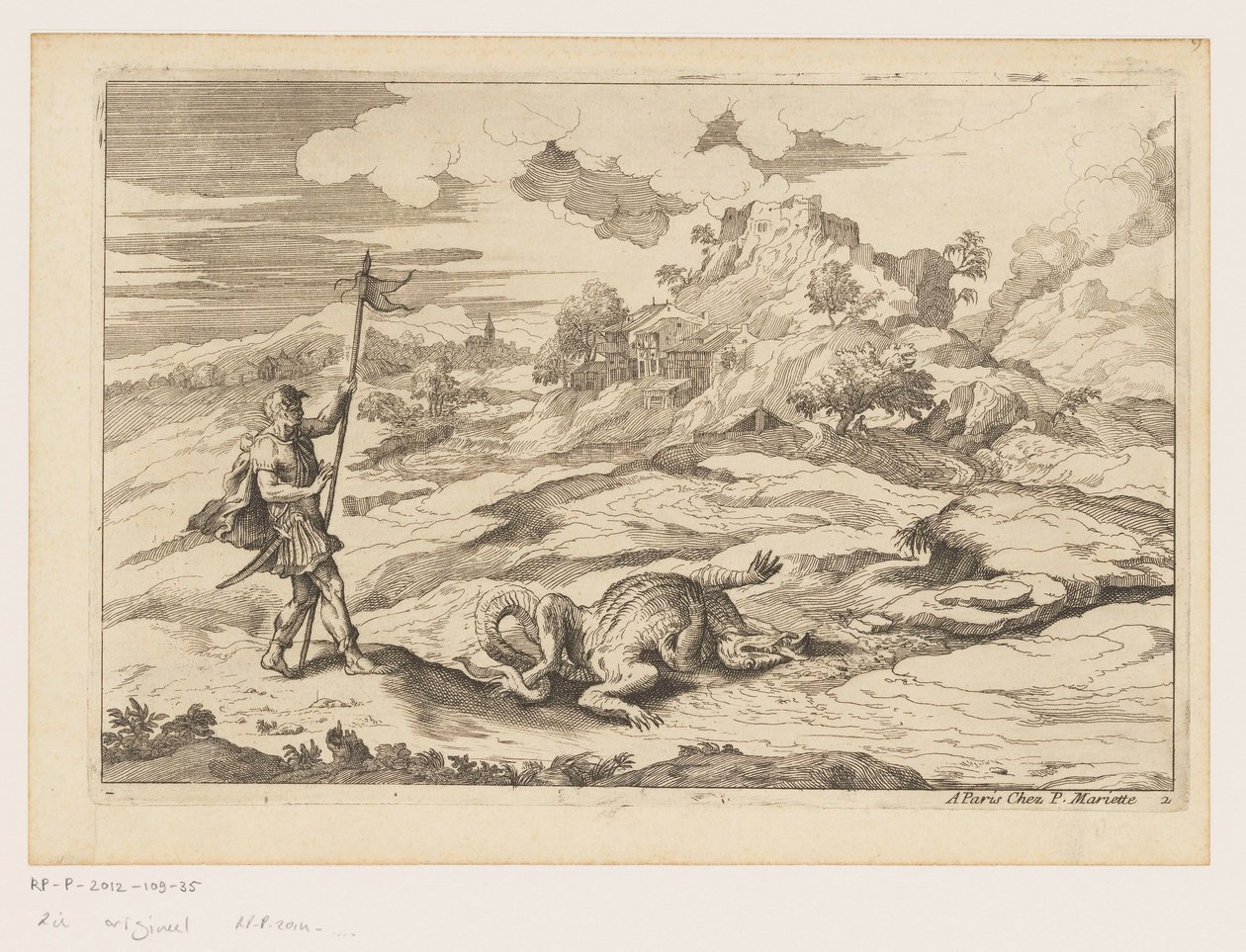 Landschap met Joris en de draak (Landschappen naar Titiaan) door Moise Jean Baptiste Fouard