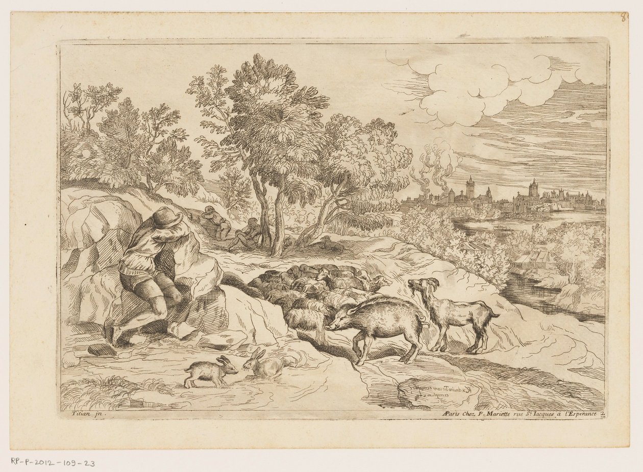 Landschap met drie rustende herders bij een kudde door Moise Jean Baptiste Fouard