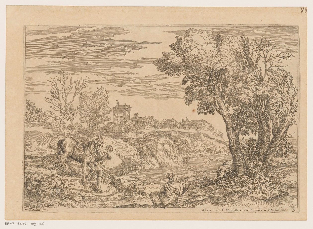 Landschap met man met paard een rivier overstekend door Moise Jean Baptiste Fouard