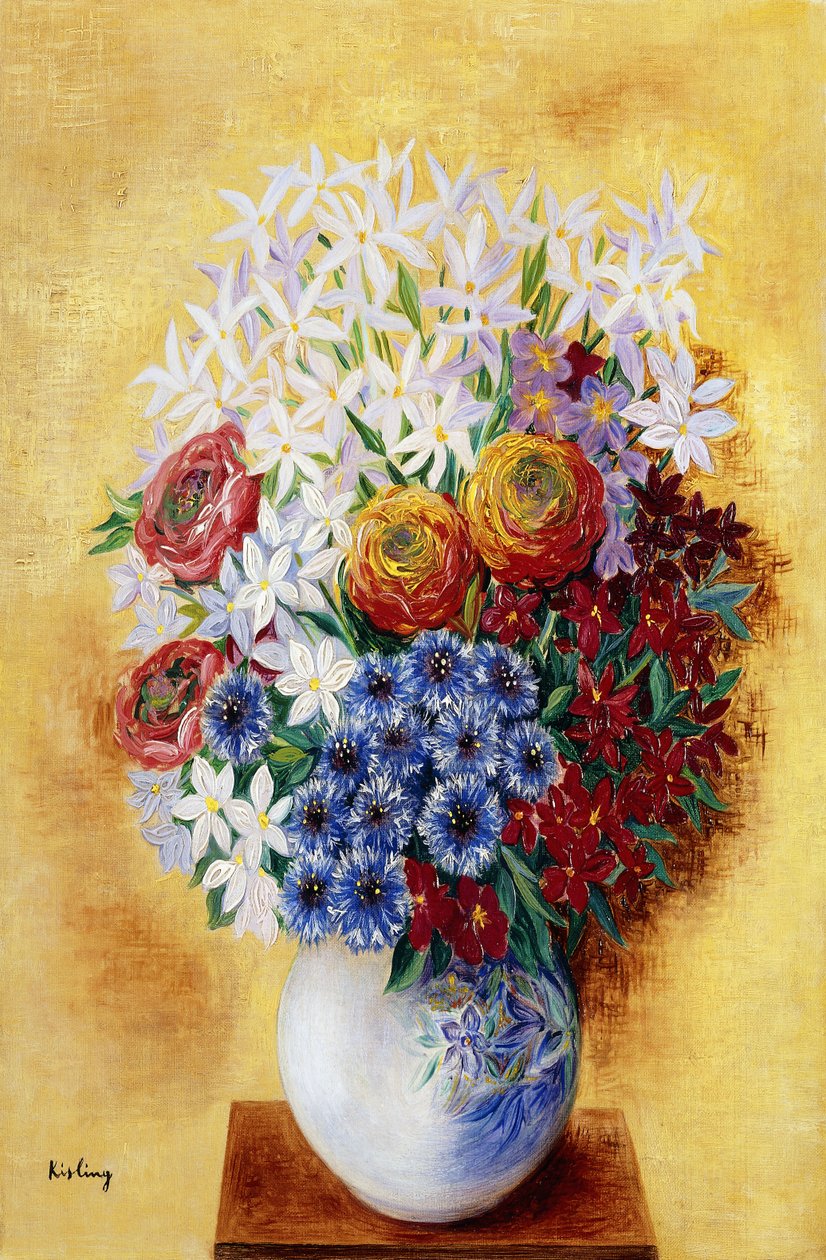 Boeket bloemen tegen een gele achtergrond; Bouquet au Fleurs sur Fond jaune, ca.1934 (olieverf op doek) door Moise Kisling