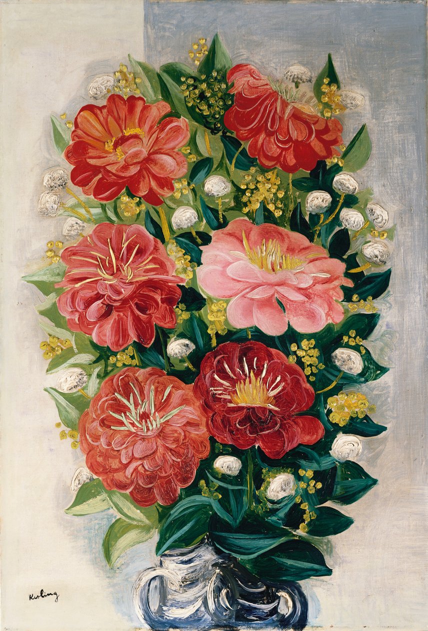 Bloemen in een vaas (olieverf op doek) door Moise Kisling