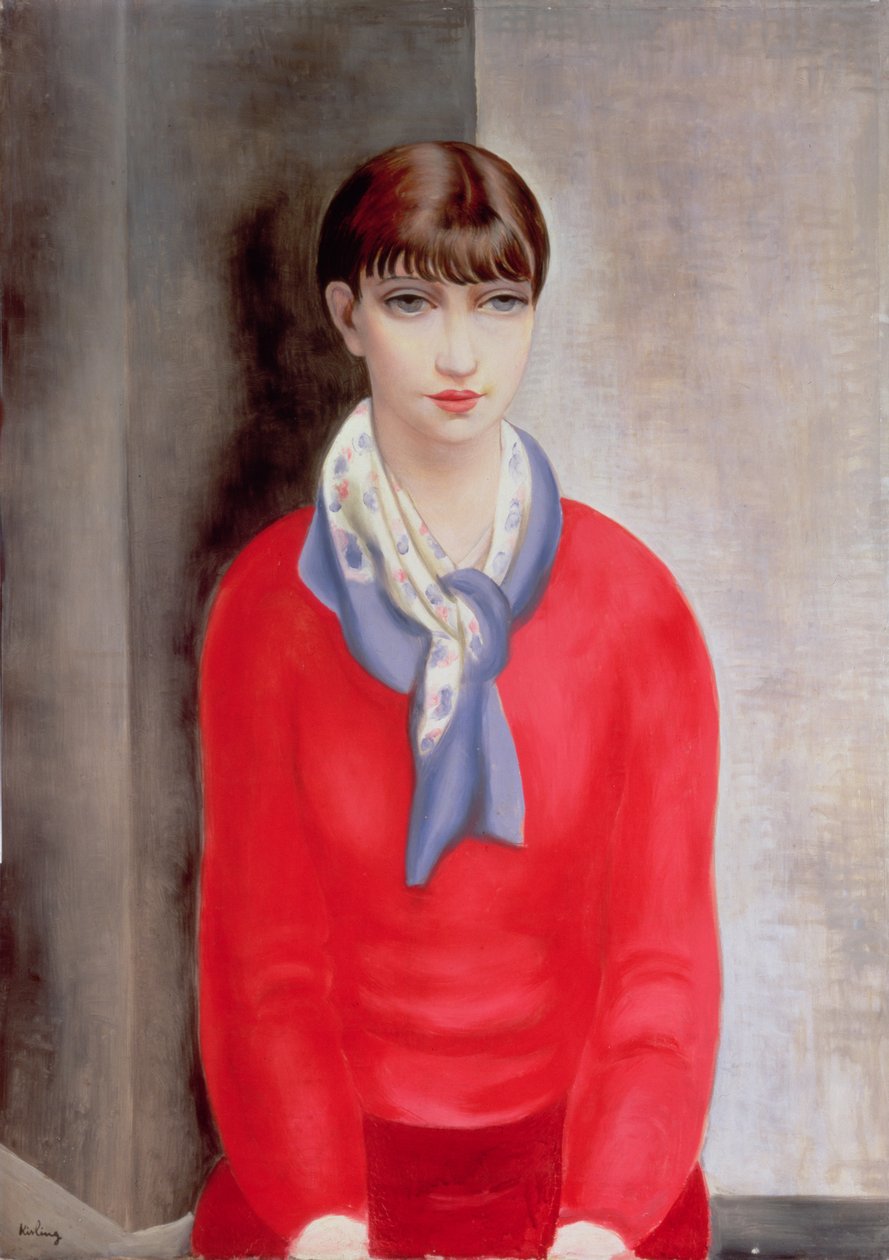 Kiki de Montparnasse in een rode trui en een blauwe sjaal door Moise Kisling