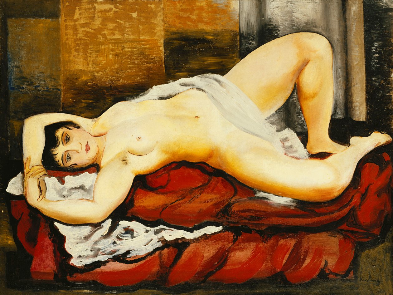 Naakt in wit laken; Nu Couche au Drap Blanc door Moise Kisling