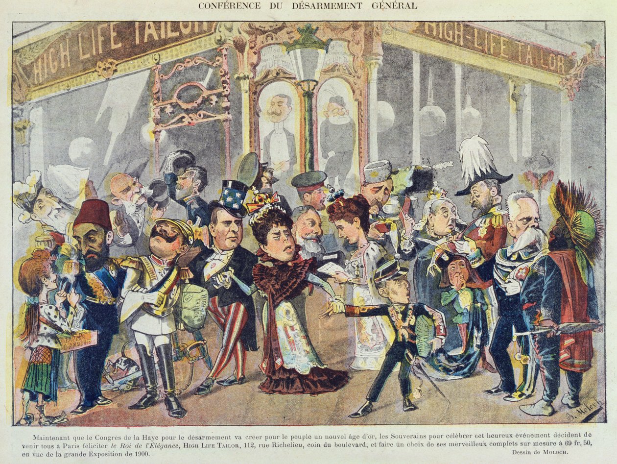 Advertentie voor een Parijse kledingwinkel verwijzend naar de Eerste Haagse Vredesconferentie van 1899 door Moloch