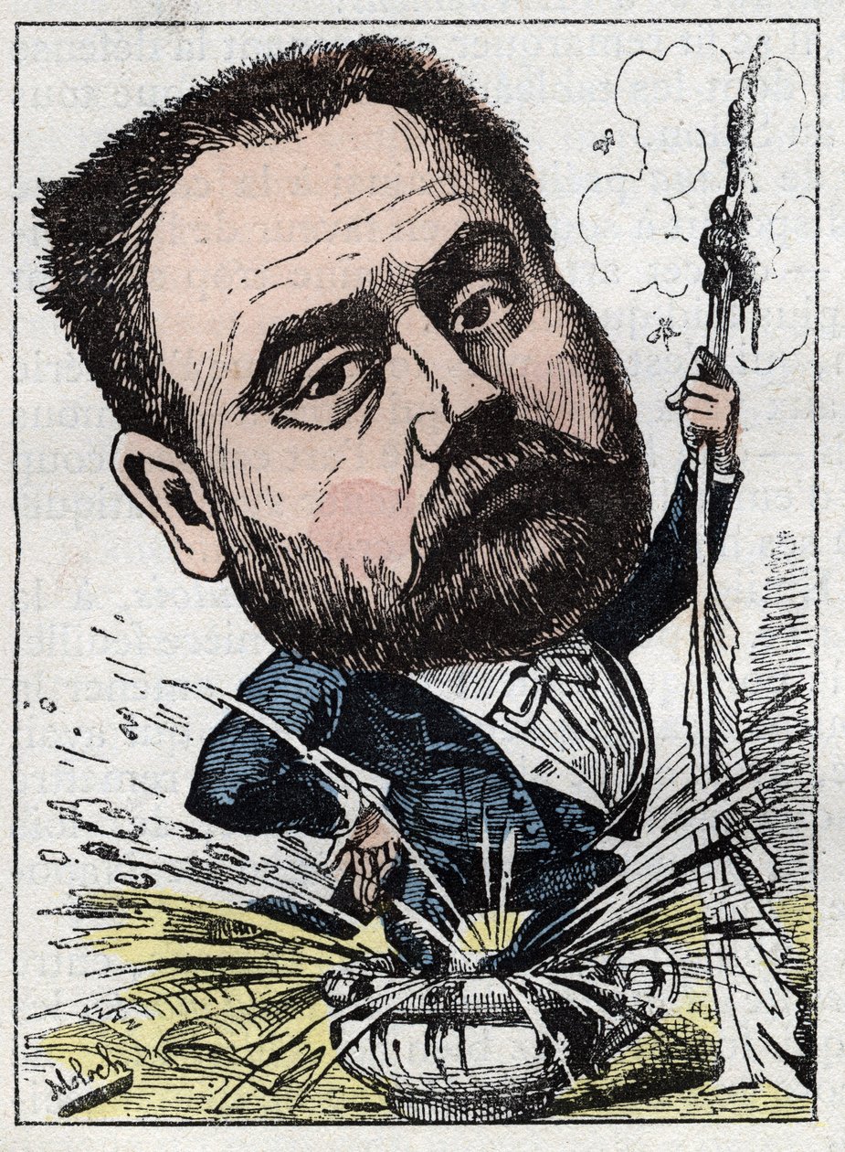 Portret van Emile Zola, Franse schrijver in Le Trombinoscope door Touchatout, karikatuur door B. Moloch van 1882. Privécollectie door Moloch