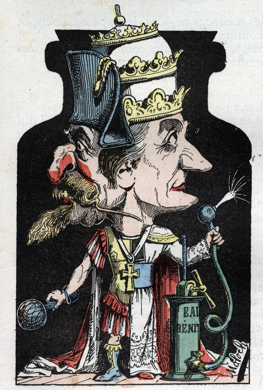 Allegorie van het Concordaat (ondertekend tussen Pius VII en Bonaparte) van 1801 voorgesteld door Moloch als een compressieapparaat met Napoleon III en de Paus door Moloch