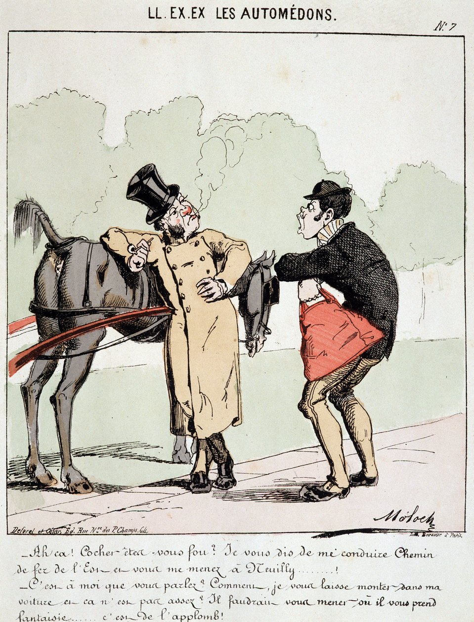 HE. EX. EX. Motoredons: Cartoon van transport in de stad. Een bourgeois die de koets vroeg hem naar Gare de l