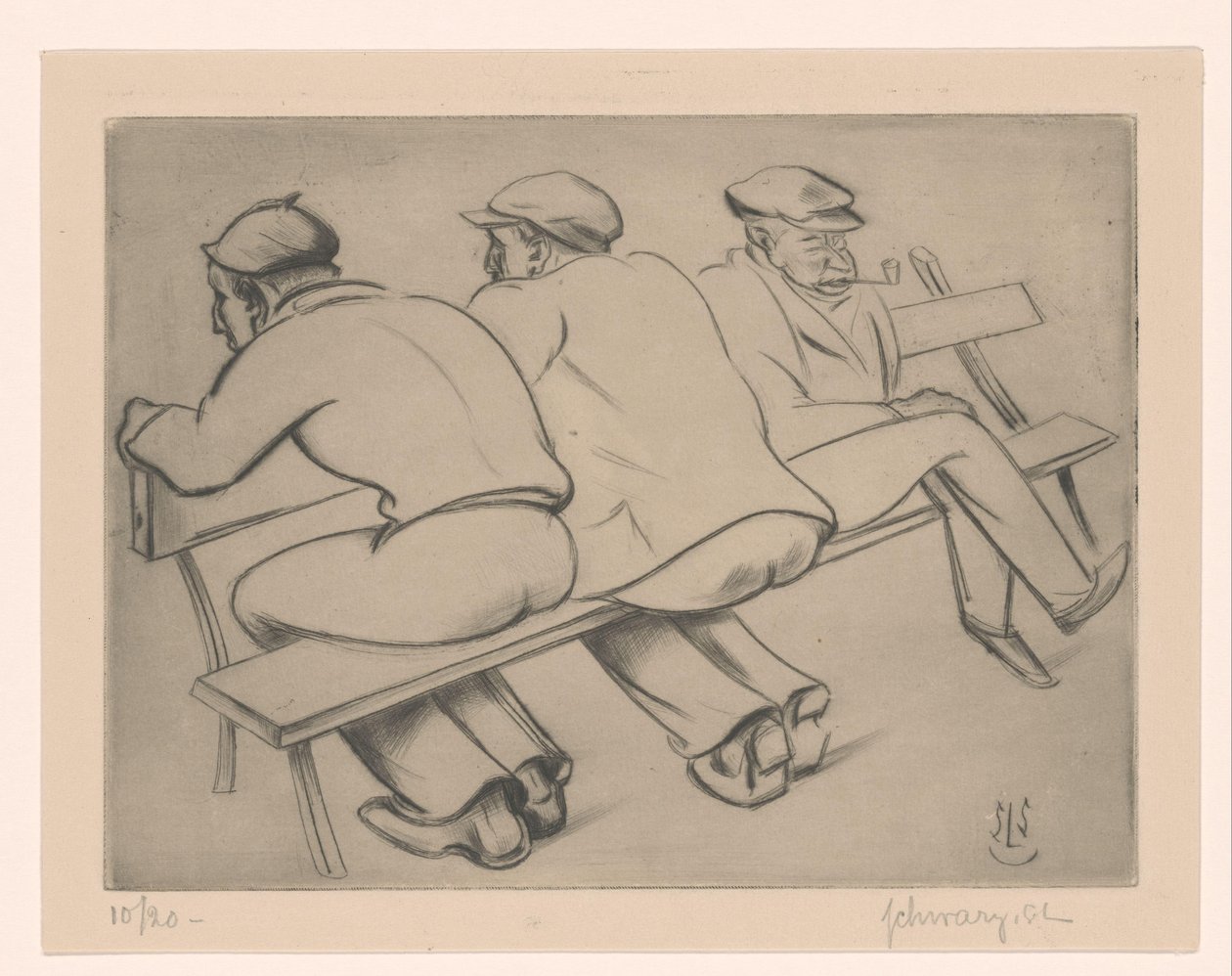 Drie mannen op een bank door Mommie Schwarz (signed by artist)