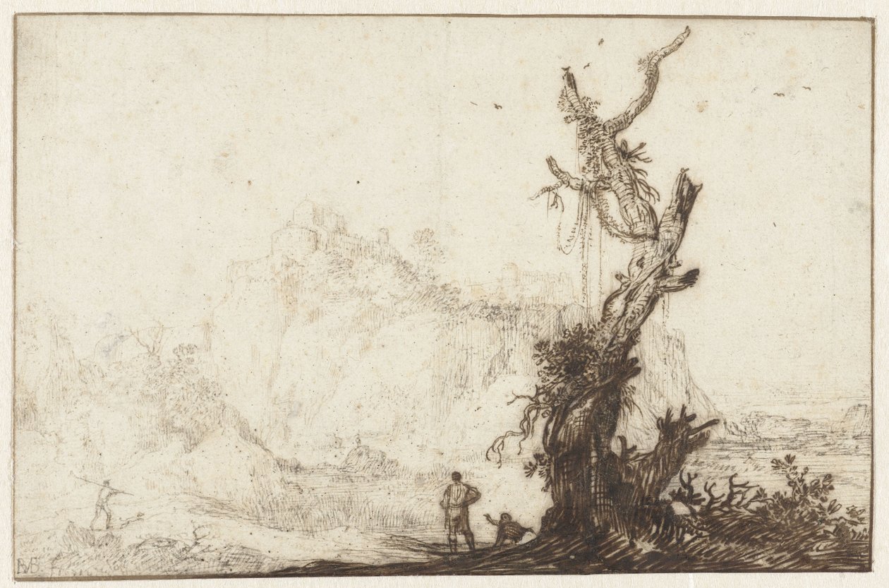Bergachtig landschap met op de voorgrond een kale boom door Monogrammist BVB