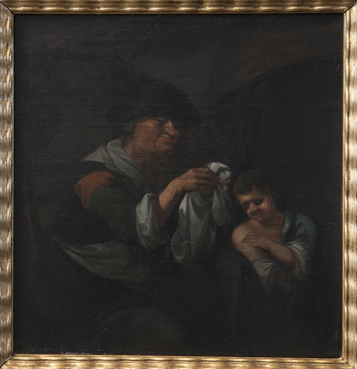 Oude dame inspecteert het linnen van een jongen door Monogrammist Bijs