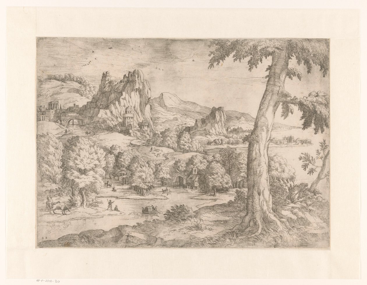 Panoramisch landschap met grote boom door Monogrammist DB (etser 16de eeuw)