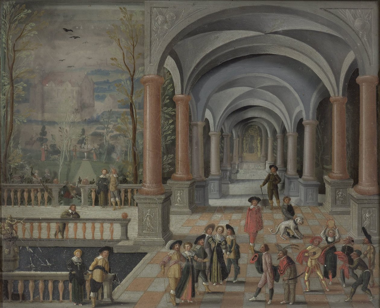 Feestelijke bijeenkomst en figuren uit een Commedia dell