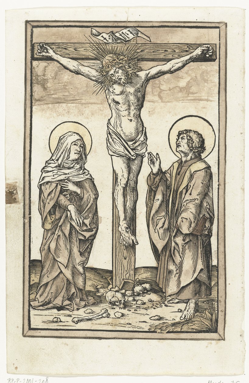 Christus aan het kruis, met Maria en Johannes door Monogrammist DS (graveur) (attributed to)