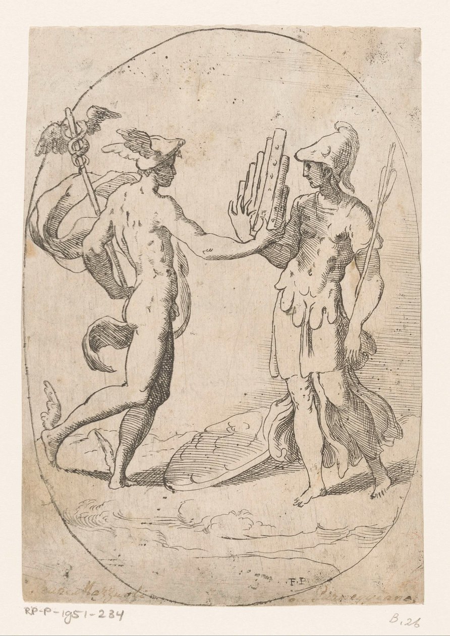 Mercurius en Bellona door Monogrammist FP (Italië; 16e eeuw)