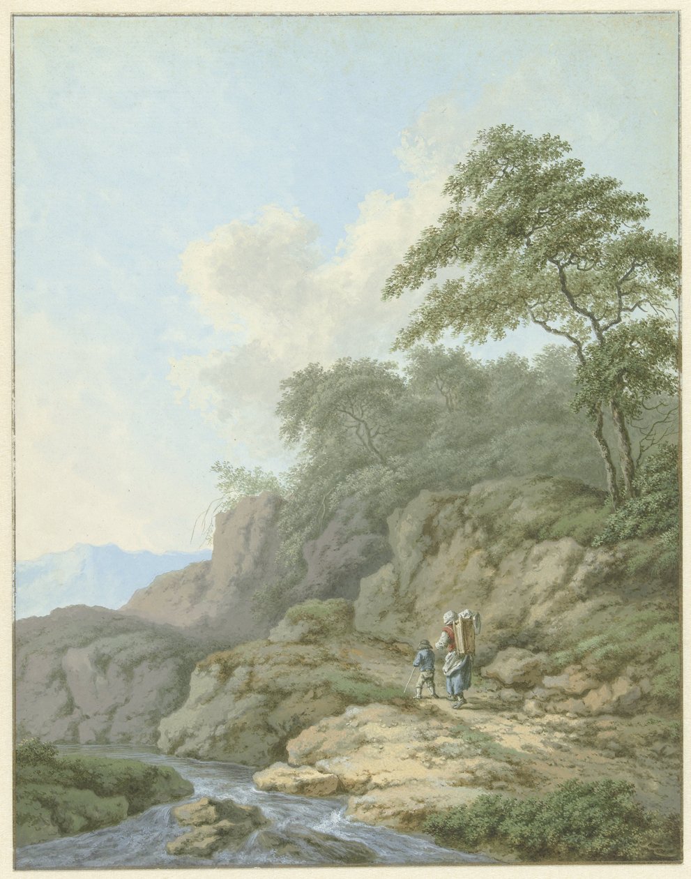Landschap met vrouw en jongen onderweg door Monogrammist FWH (possibly)
