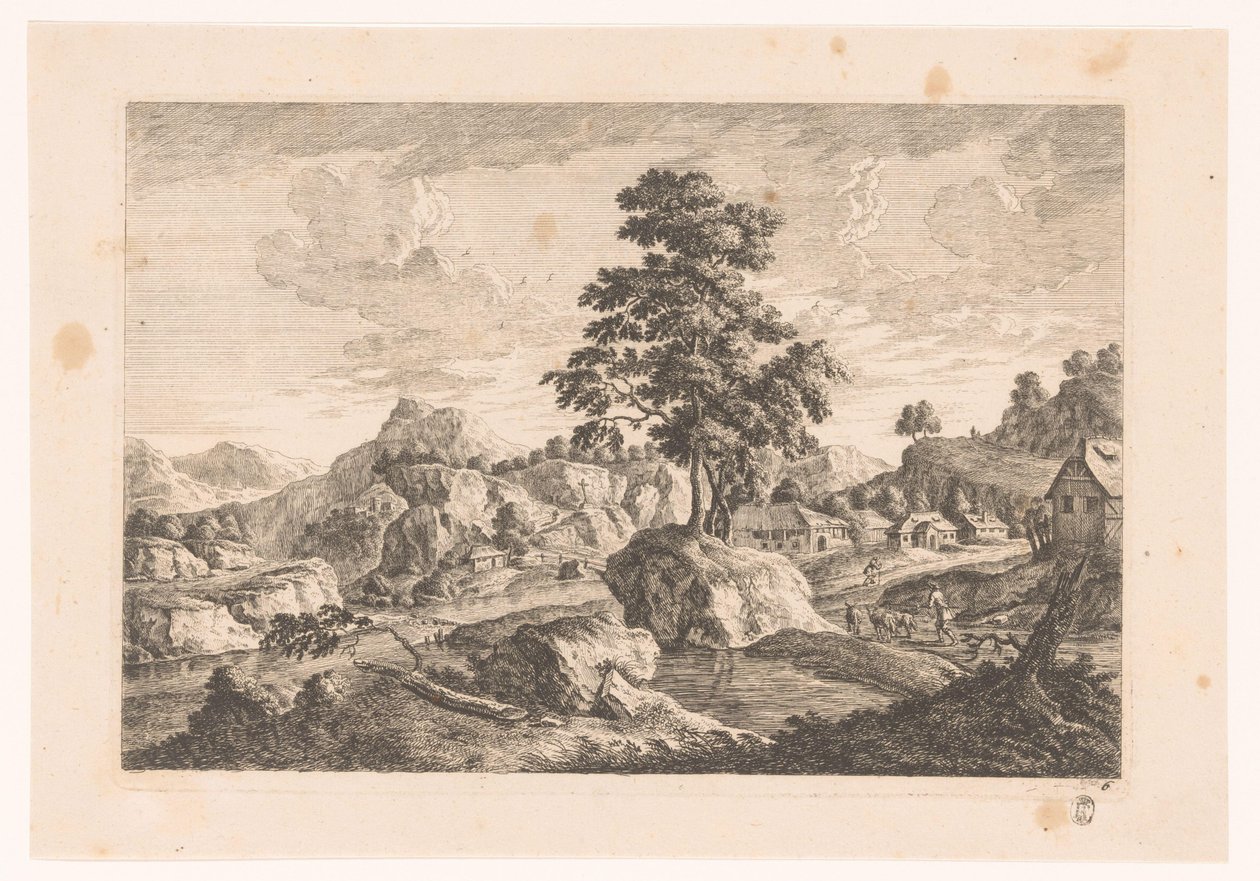 Bergachtig landschap met huizen door Monogrammist MEG