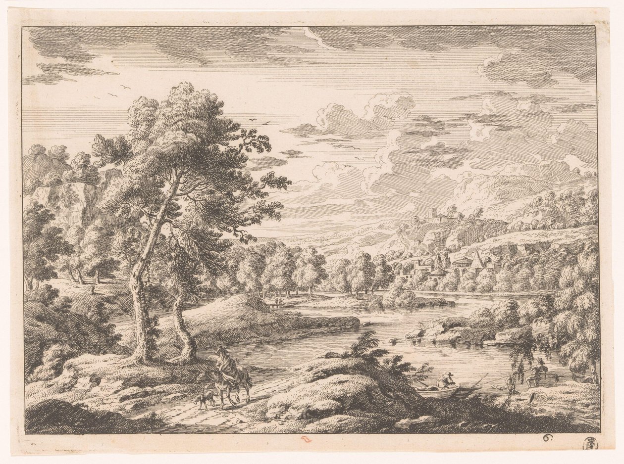 Landschap met rivier door Monogrammist MEG
