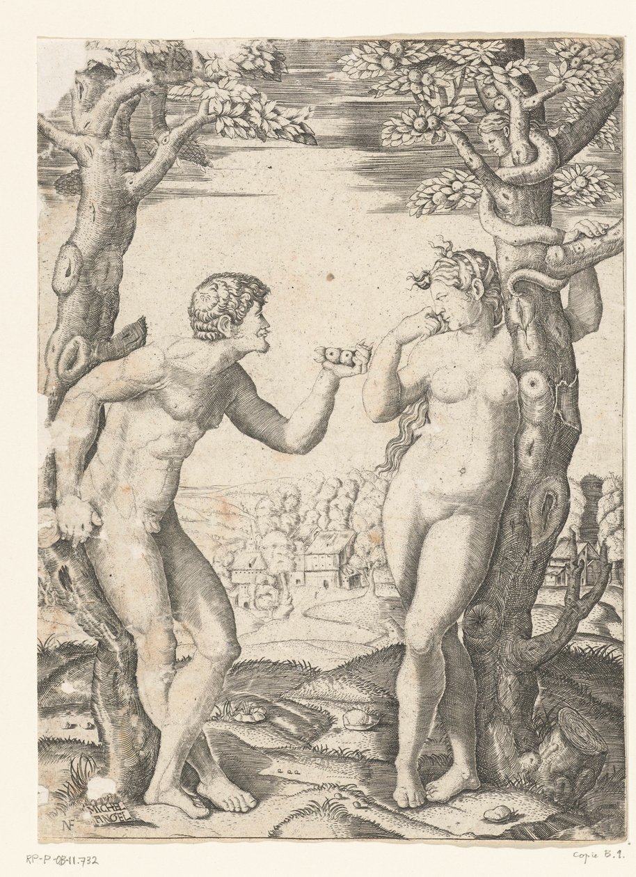 Zondeval van Adam en Eva bij boom van kennis van goed en kwaad met slang door Monogrammist NF (graveur)