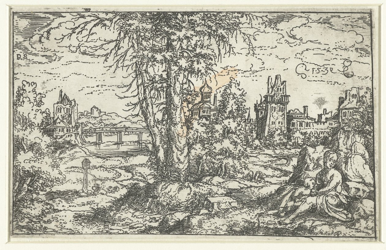 Landschap met vrouw en kind door Monogrammist PS (Duitsland)