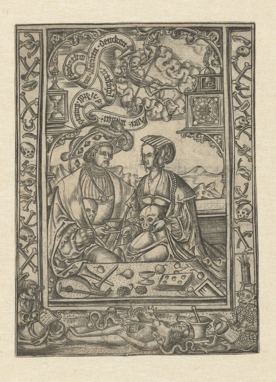 Vanitas Heer en vrouw met doodshoofd door Monogrammist XXX met L (attributed to)