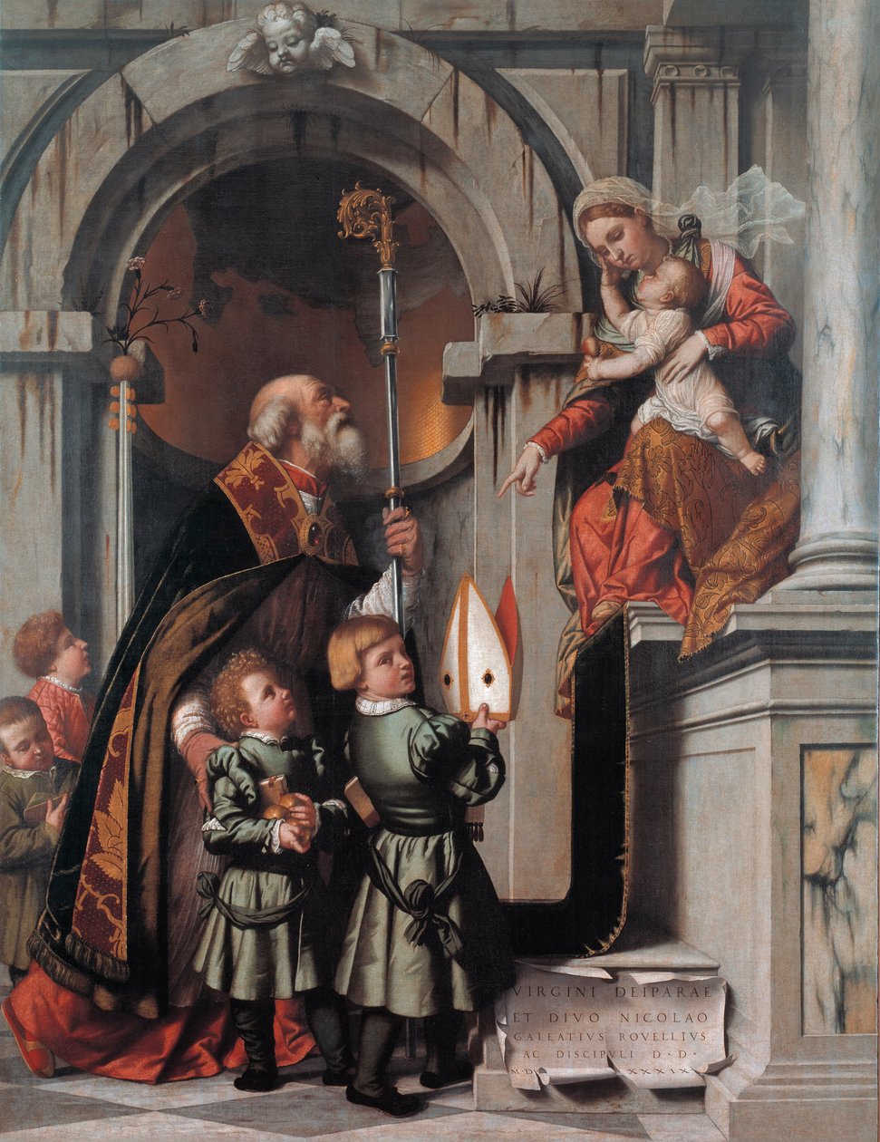 Sint Nicolaas van Bari presenteert de Rovelli-studenten aan Madonna en Kind door Moretto da Brescia