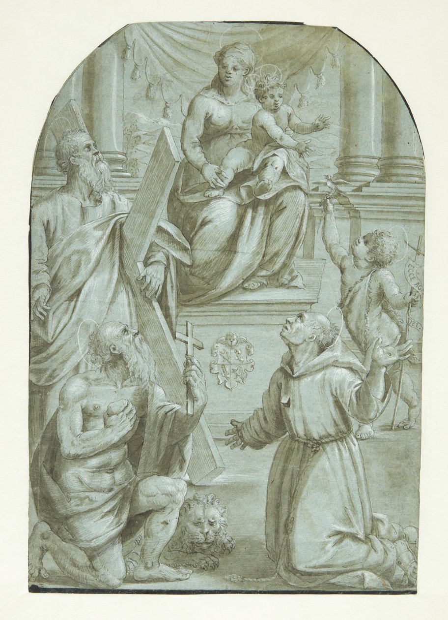 Maria met het kind Jezus tronend, omringd door de apostel Andreas, Johannes de Doper als kind, de heilige Hiëronymus en de heilige Franciscus van Assisi door Moretto da Brescia