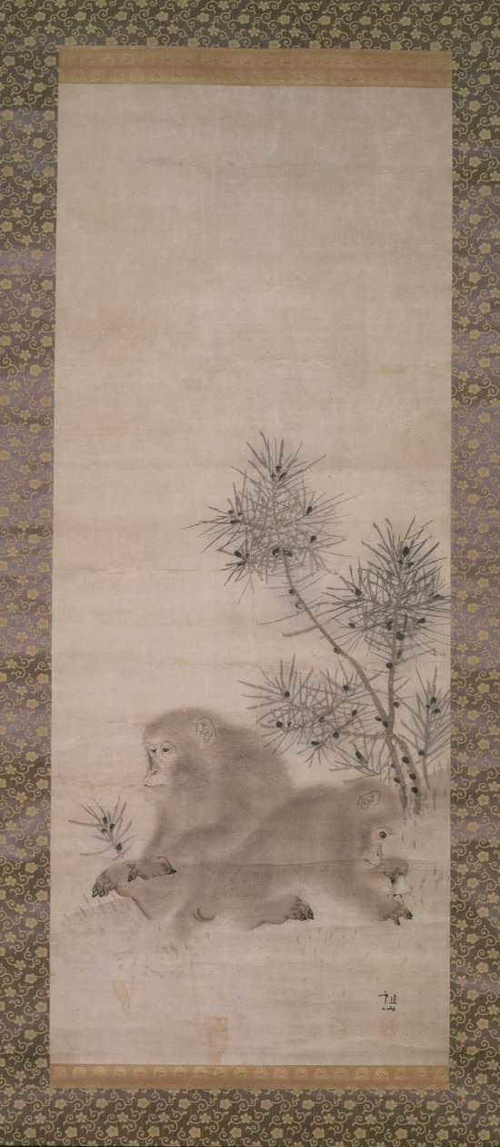Apen met dennenzaailingen en vlinder, c.1800 (aquarel op papier) door Mori Sosen