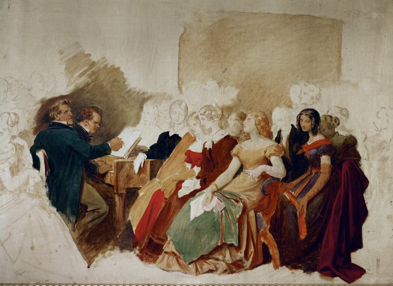 Een avond bij Baron Spaun, Schubert aan de piano, tenor Johann Michael Vogl naast hem ... (aquarel) door Moritz Ludwig von Schwind