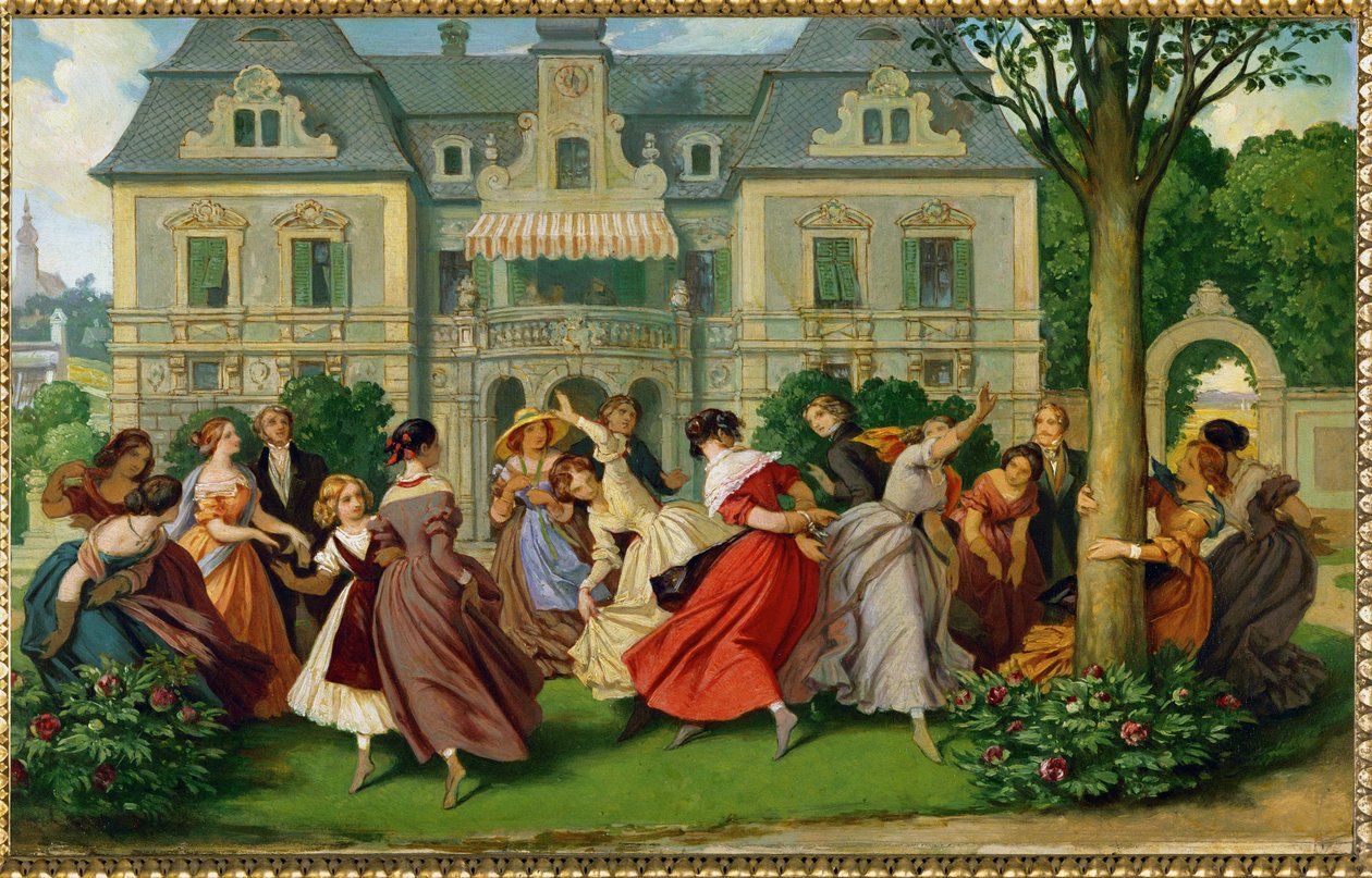 Gezelschapsspelen, een landhuis op de achtergrond ... (olieverfschilderij) door Moritz Ludwig von Schwind
