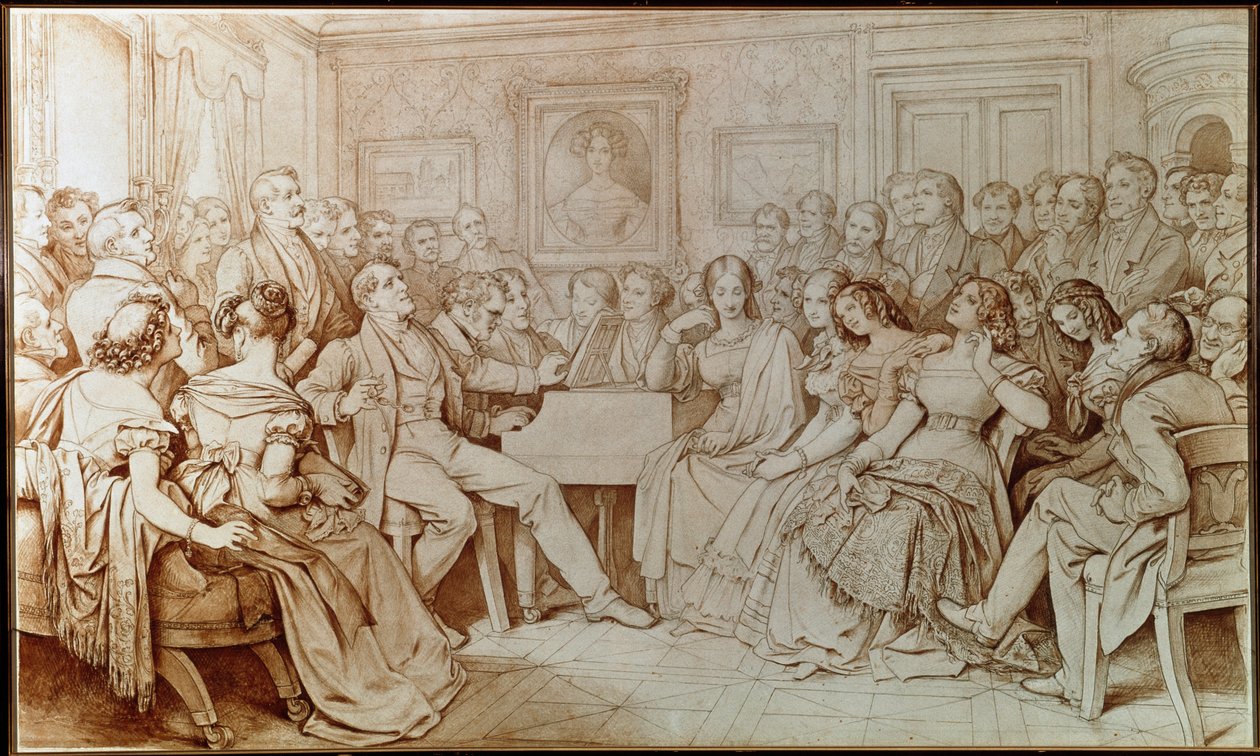 De componist Franz Schubert begeleidt tenor Johann Michael Vogl tijdens een muzikale avond bij Baron von Spaun door Moritz Ludwig von Schwind