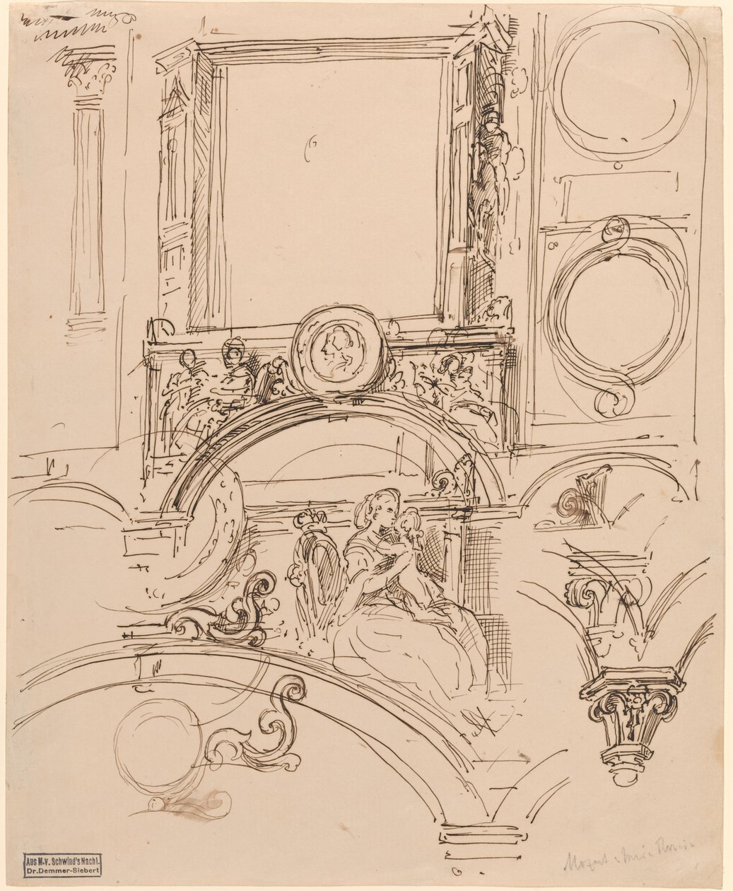 Architectonische details voor een wanddecoratie met keizerin Maria Theresia die de jonge Wolfgang Amadeus Mozart omhelst door Moritz Ludwig von Schwind