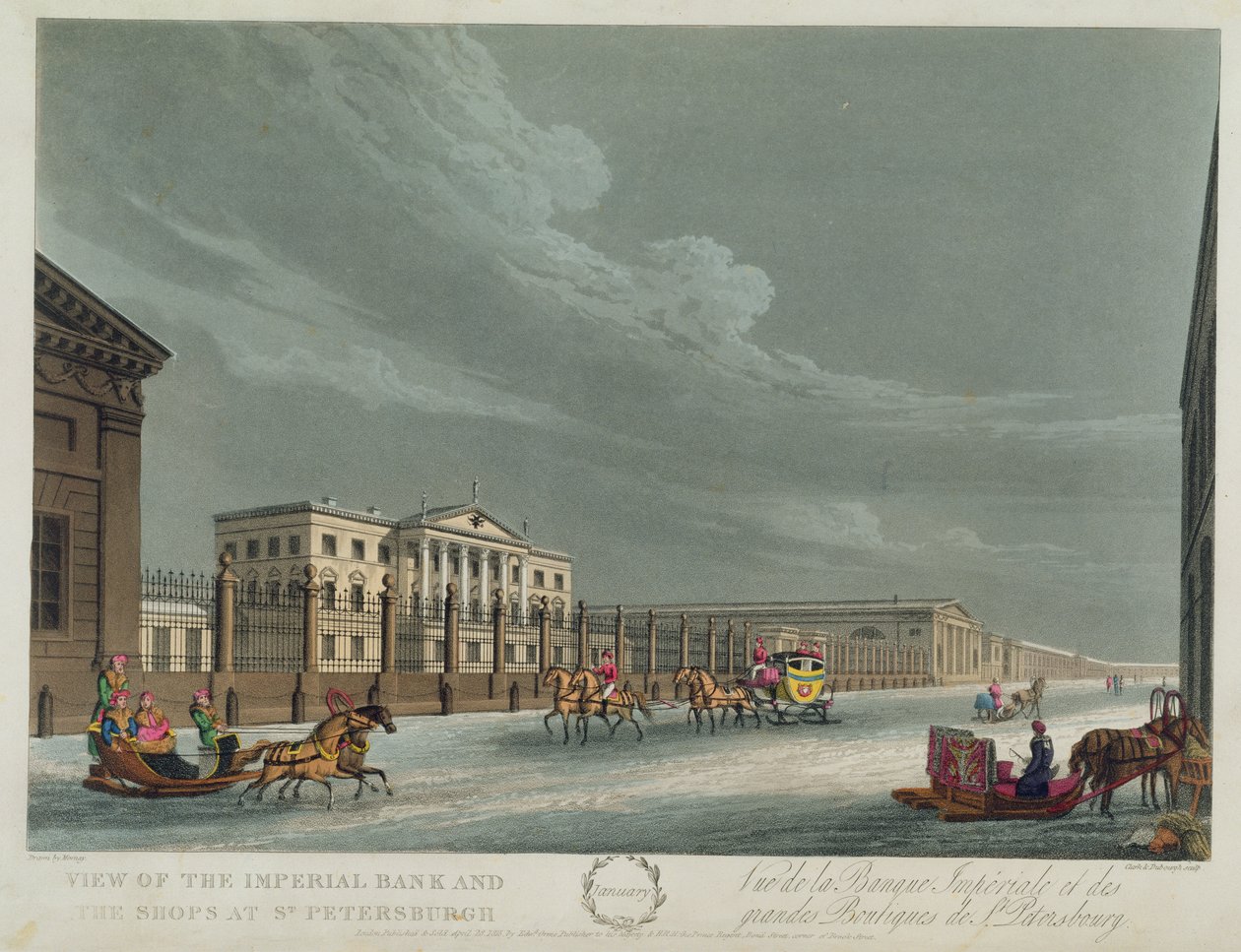 Uitzicht op de Imperial Bank en de winkels in St. Petersburg, illustratie voor januari uit 