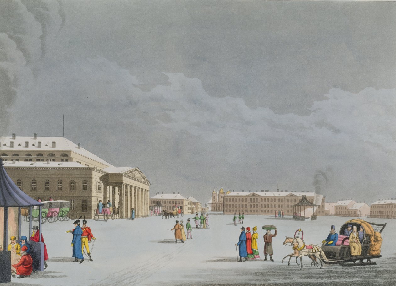 Uitzicht op het plein en het Grand Theatre in St. Petersburg, illustratie voor maart uit 