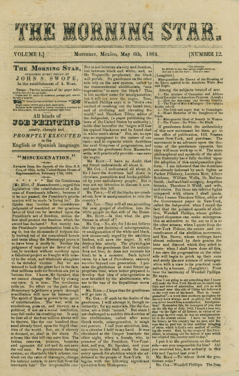 Bevat artikel over voorgestelde wetgeving inzake rassenvermenging en nieuws van de Burgeroorlog door Morning Star